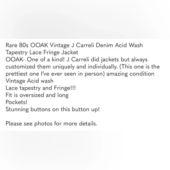Rare 80s OOAK Vintage J Carreli Denim Acid Wash Tapestry Lace Fringe Jacket - Picture 17 of 17